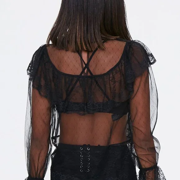 Black Sheer Mesh Lace Trim Top NWT - Picture 4 of 7